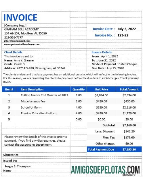 para download Exemplo de modelo de fatura escolar grátis
